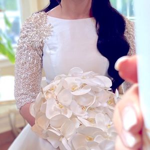 Satin Modest Wedding Dress Embellish Pearl Sleeve